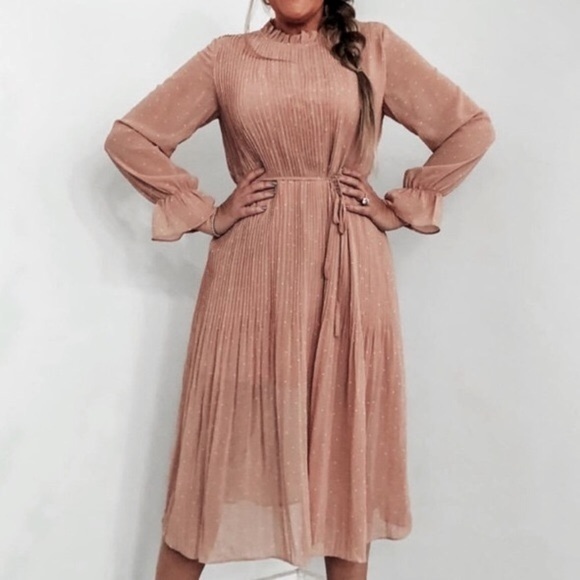 ILLA ILLA Hope’s Blush Polka Dot Long Sleeves Pleated Relaxed Fit Midi Dress - Picture 8 of 16
